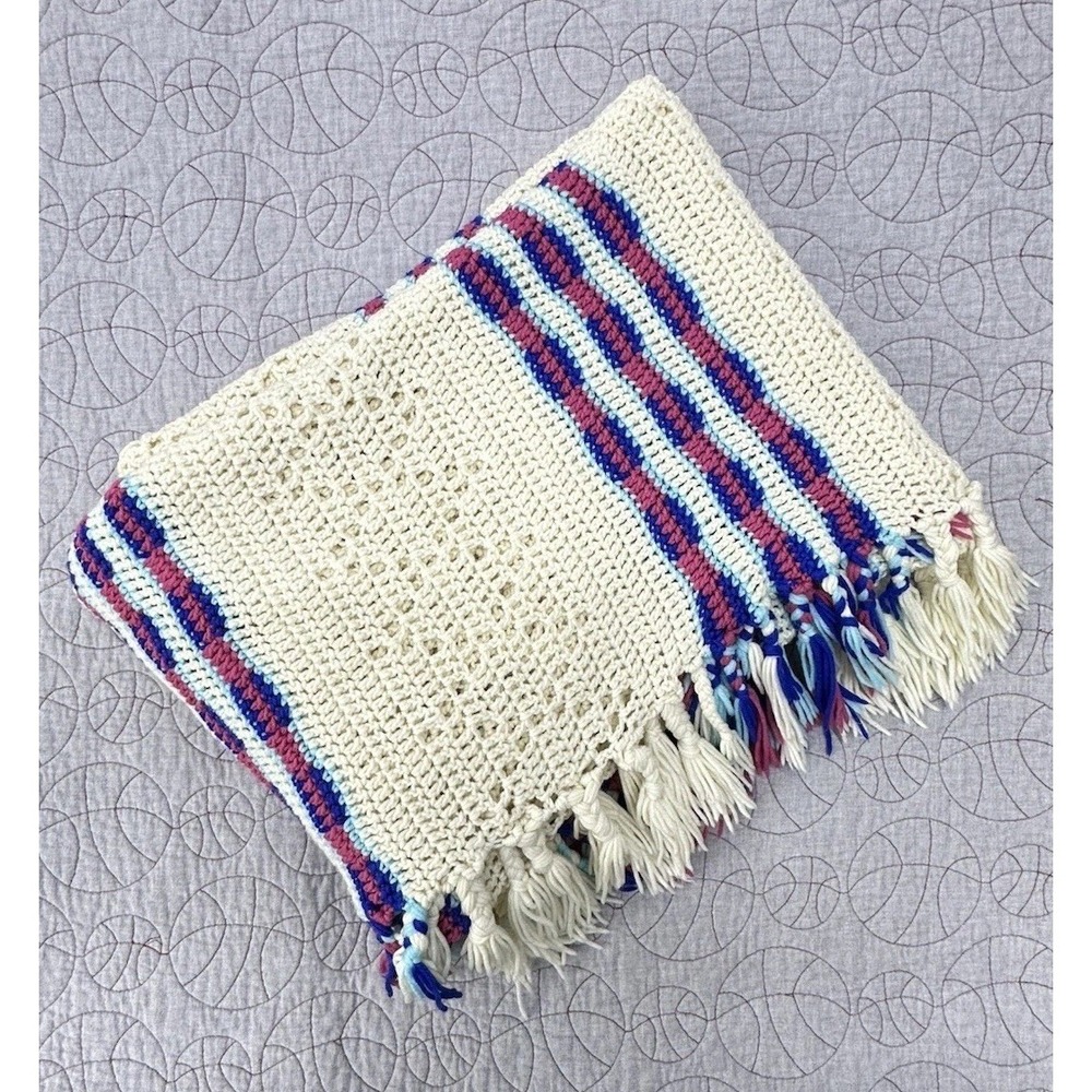 Handmade Crochet Afghan Throw‎ Blanket Cream Striped Fringe Heart Motif Vintage